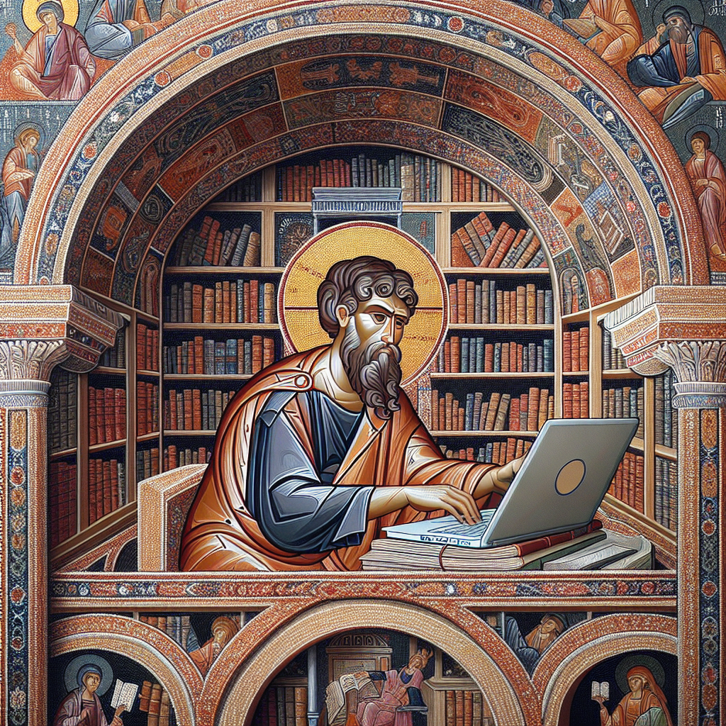 Bartolus de Saxoferrato sitting in a library typing on a laptop